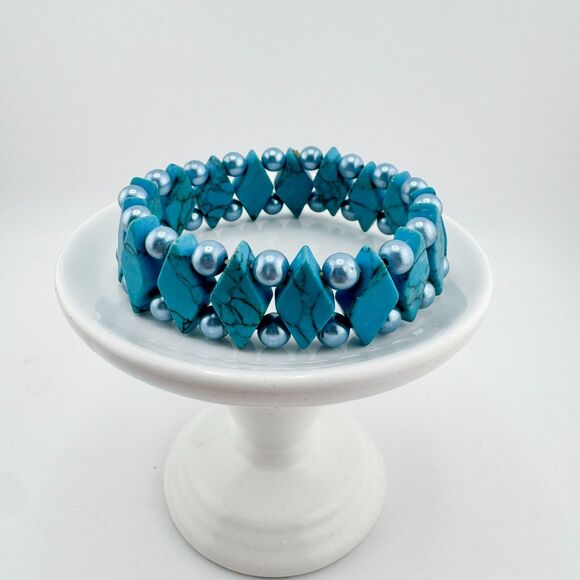 Turquoise Howlite Faux Pearl Beaded Stretch Bracelet Chunky Boho Southwestern - Picture 4 of 7